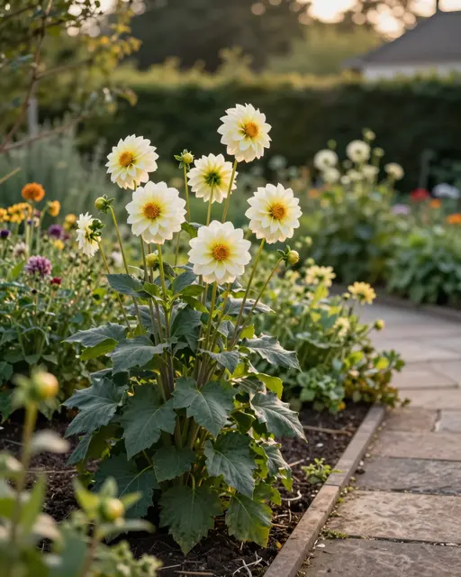 Pale yellow and white dahlia plants grow in a garden bed beside a stone path in warm golden hour light.