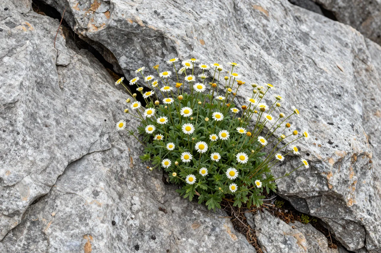 A cluster of white and yellow daisy wildflowers grows from a crack in weathered gray stone