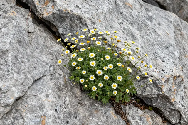 A cluster of white and yellow daisy wildflowers grows from a crack in weathered gray stone