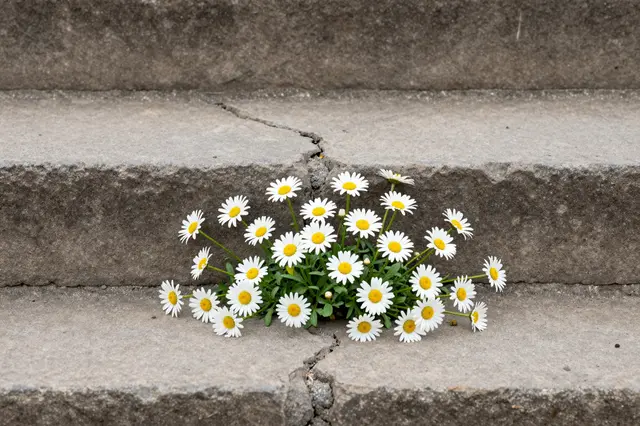 A cluster of white and yellow daisies grows out of cracks in weathered old stone steps