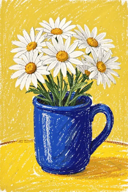 Oil pastel drawing of white daisies in a cobalt blue mug on a yellow table surface
