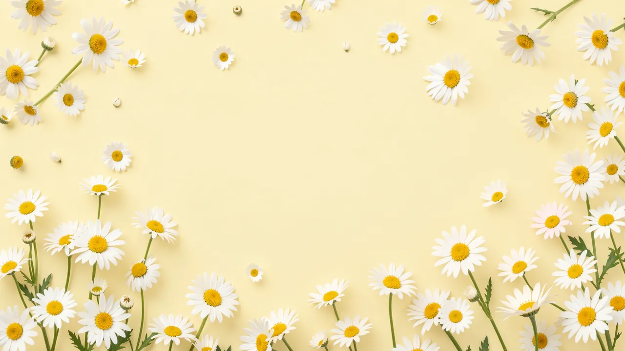 Scattered white daisy flowers form a decorative border around empty pale yellow copy space