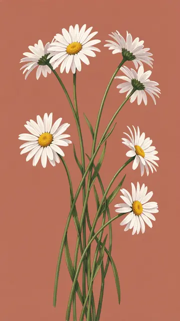 Hand-painted daisies with long green stems lean at various angles over a solid soft terracotta backdrop