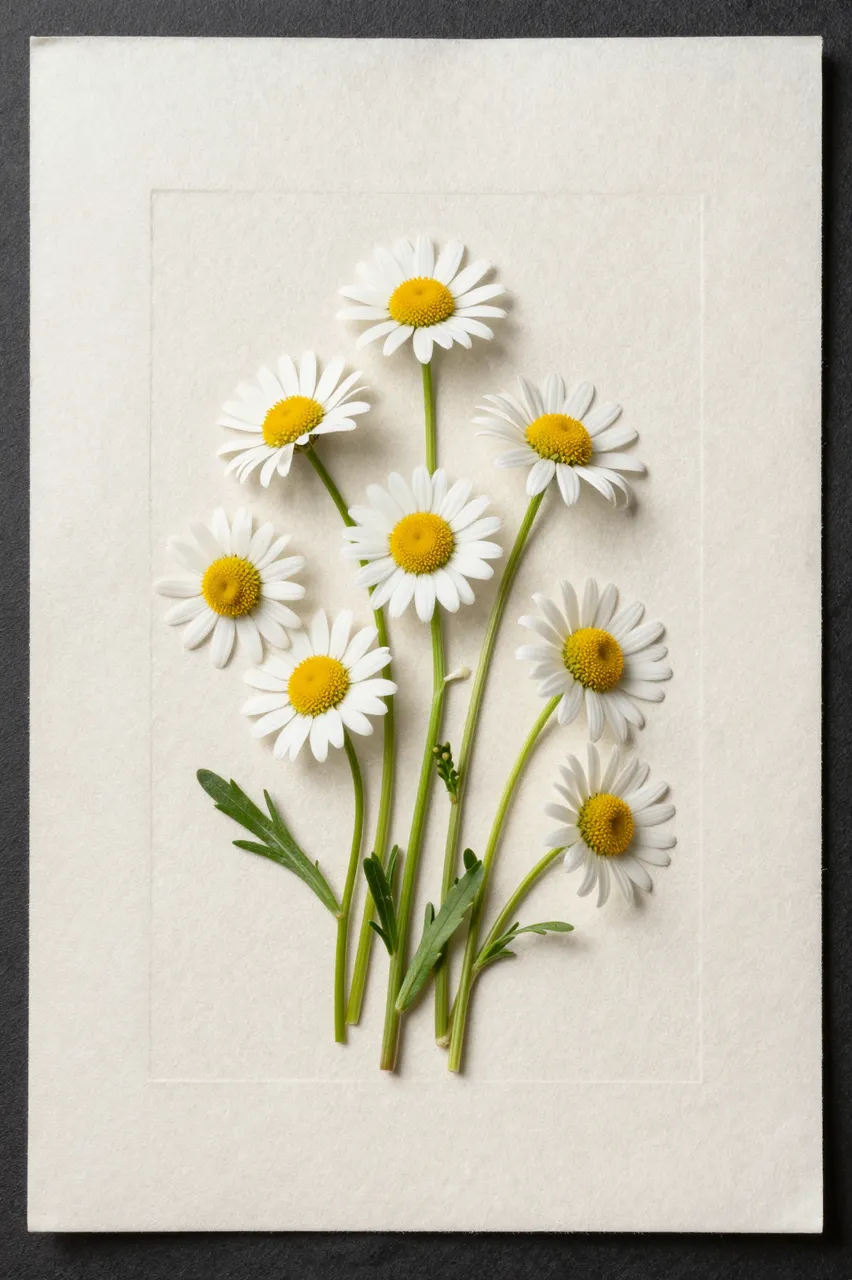 Overhead flat lay of fresh white daisies arranged on off-white rough cotton paper with an embossed border.