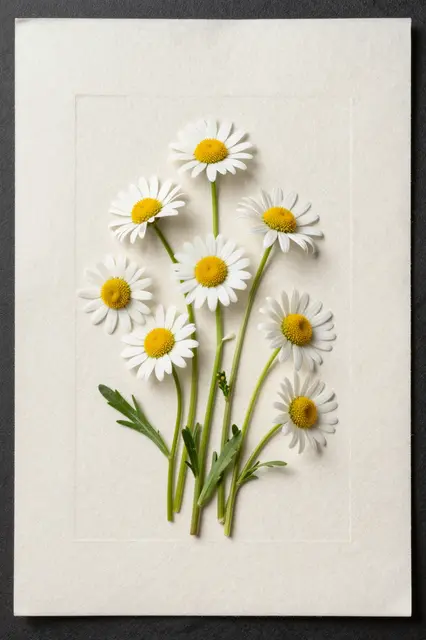 Overhead flat lay of fresh white daisies arranged on off-white rough cotton paper with an embossed border.