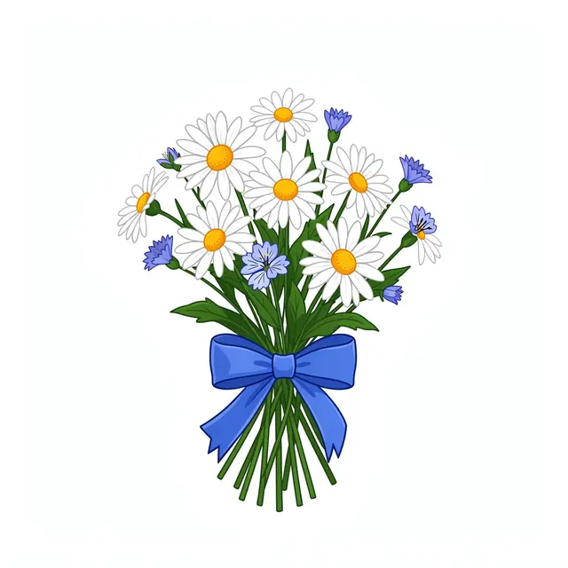 Flat clipart illustration of a daisy and cornflower bouquet tied with a blue ribbon, isolated on a plain white background