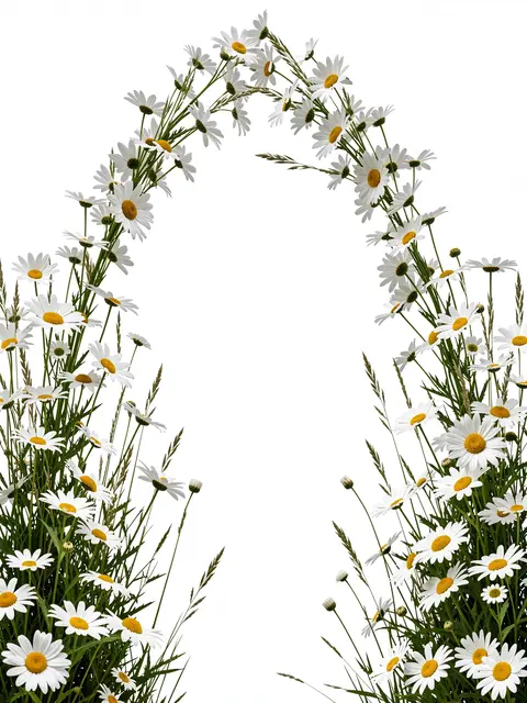 Curved floral arch of white daisies and wild grasses against a plain white empty background