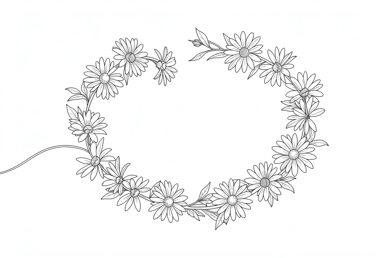 Delicate single-weight fine line drawing of a curving daisy chain loop on a plain white background