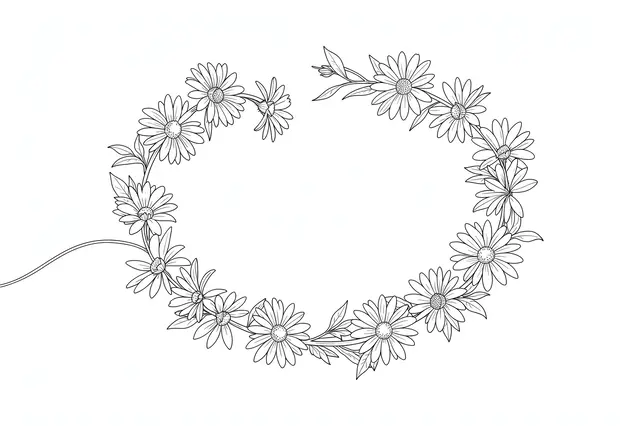 Delicate single-weight fine line drawing of a curving daisy chain loop on a plain white background