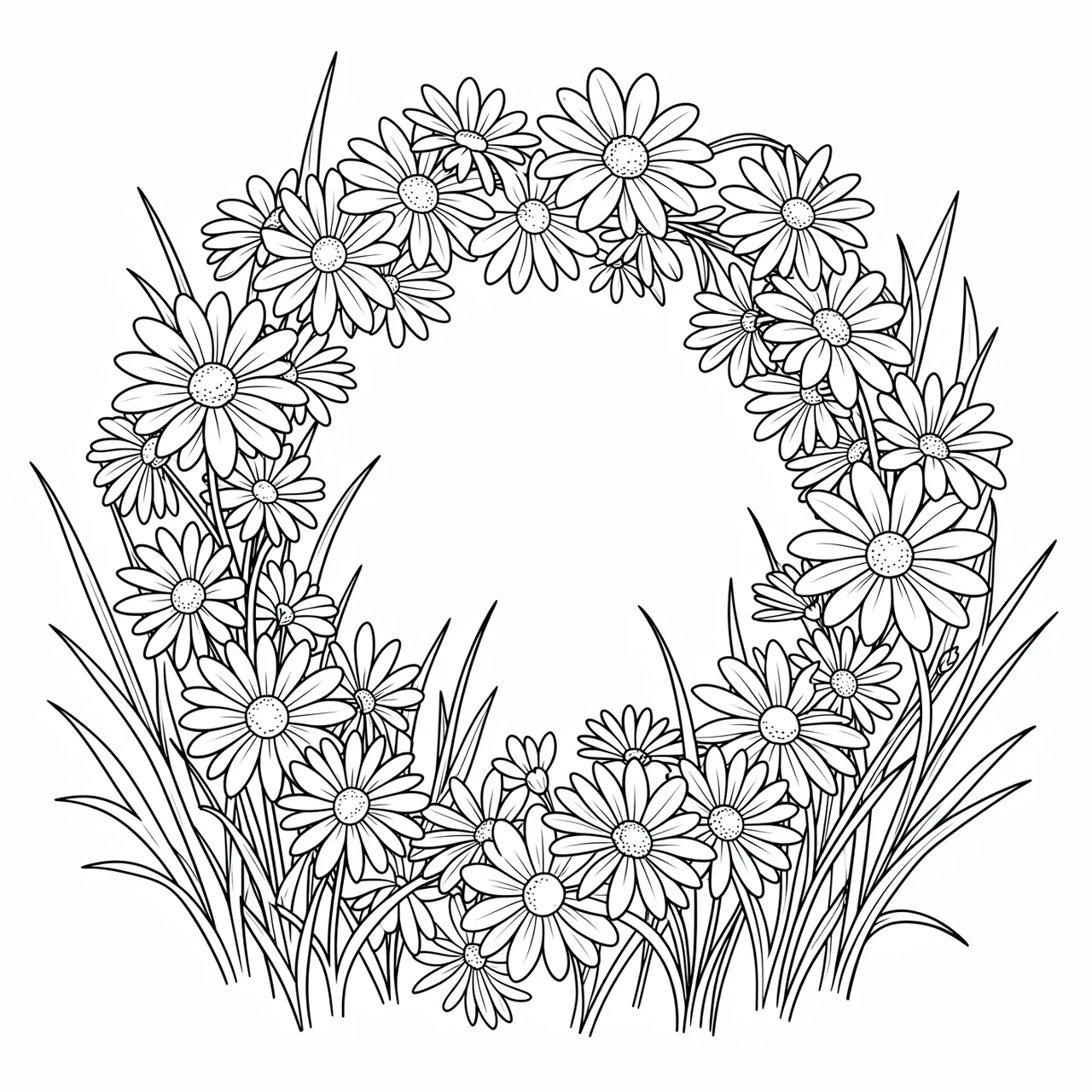 Black and white line art of a looping daisy chain wreath surrounded by wild grass on a plain white background