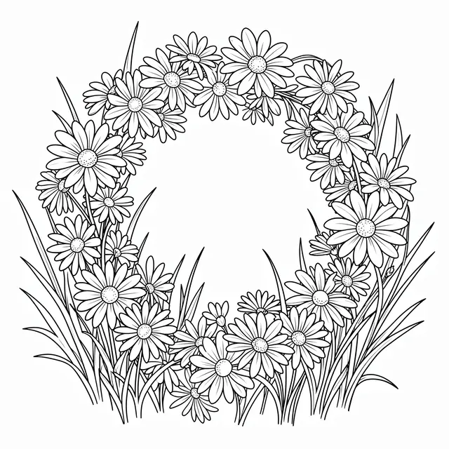 Black and white line art of a looping daisy chain wreath surrounded by wild grass on a plain white background
