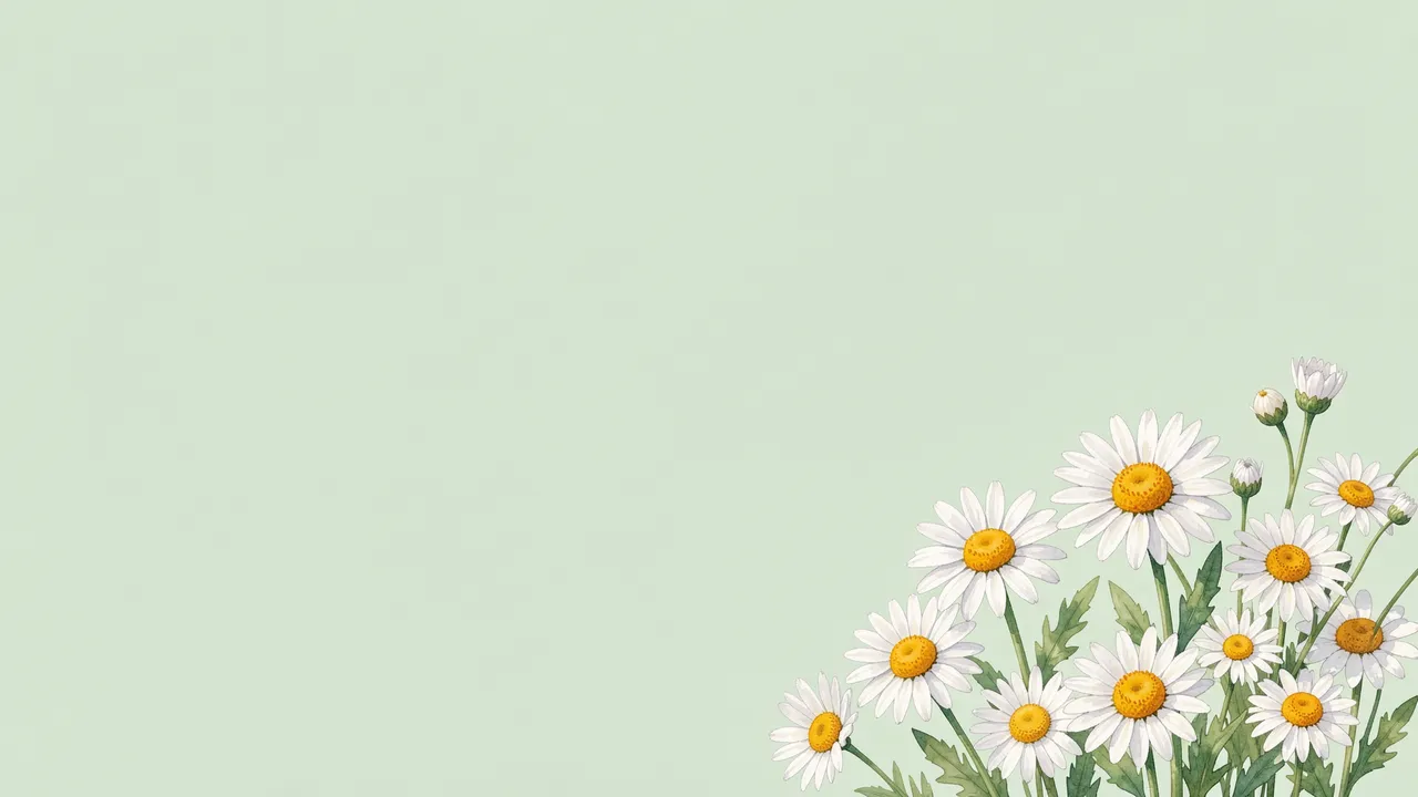 Watercolor daisies and chamomile arranged along the lower right against a pale green empty background