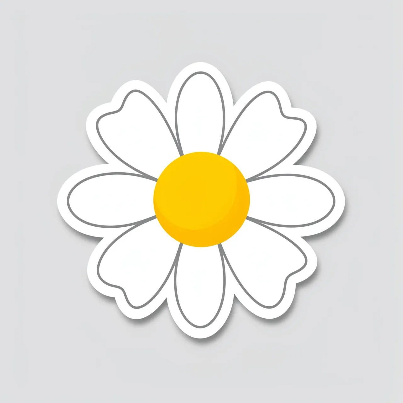 Flat die-cut daisy sticker with white petals and yellow center on a light gray background