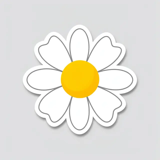 Flat die-cut daisy sticker with white petals and yellow center on a light gray background