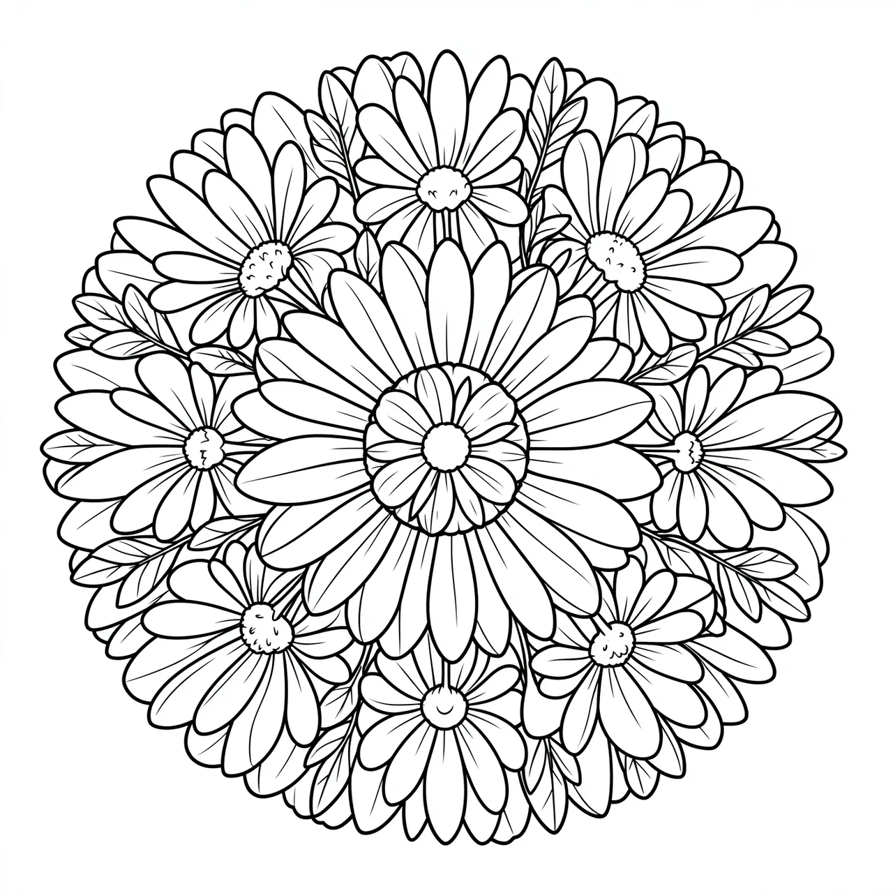 Black and white clean line art of a circular daisy mandala with leaves on a plain white background