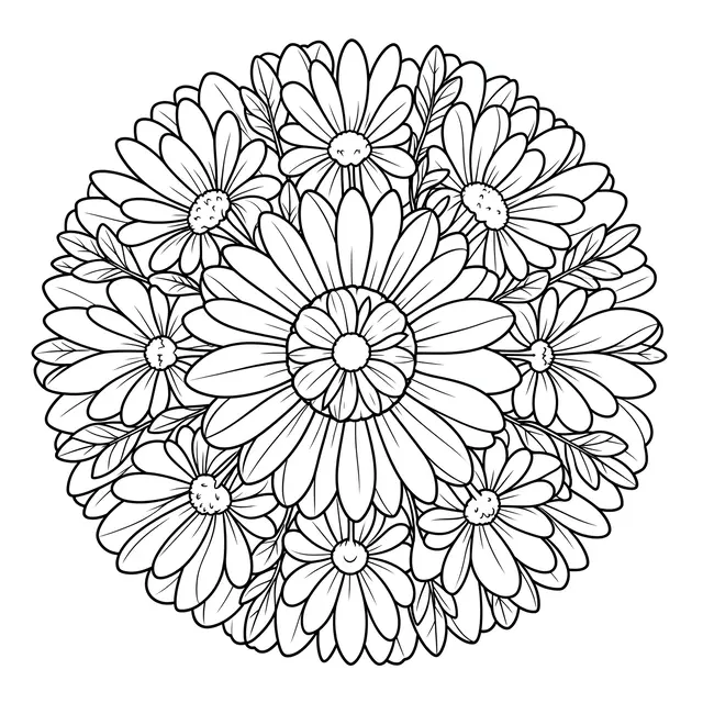 Black and white clean line art of a circular daisy mandala with leaves on a plain white background