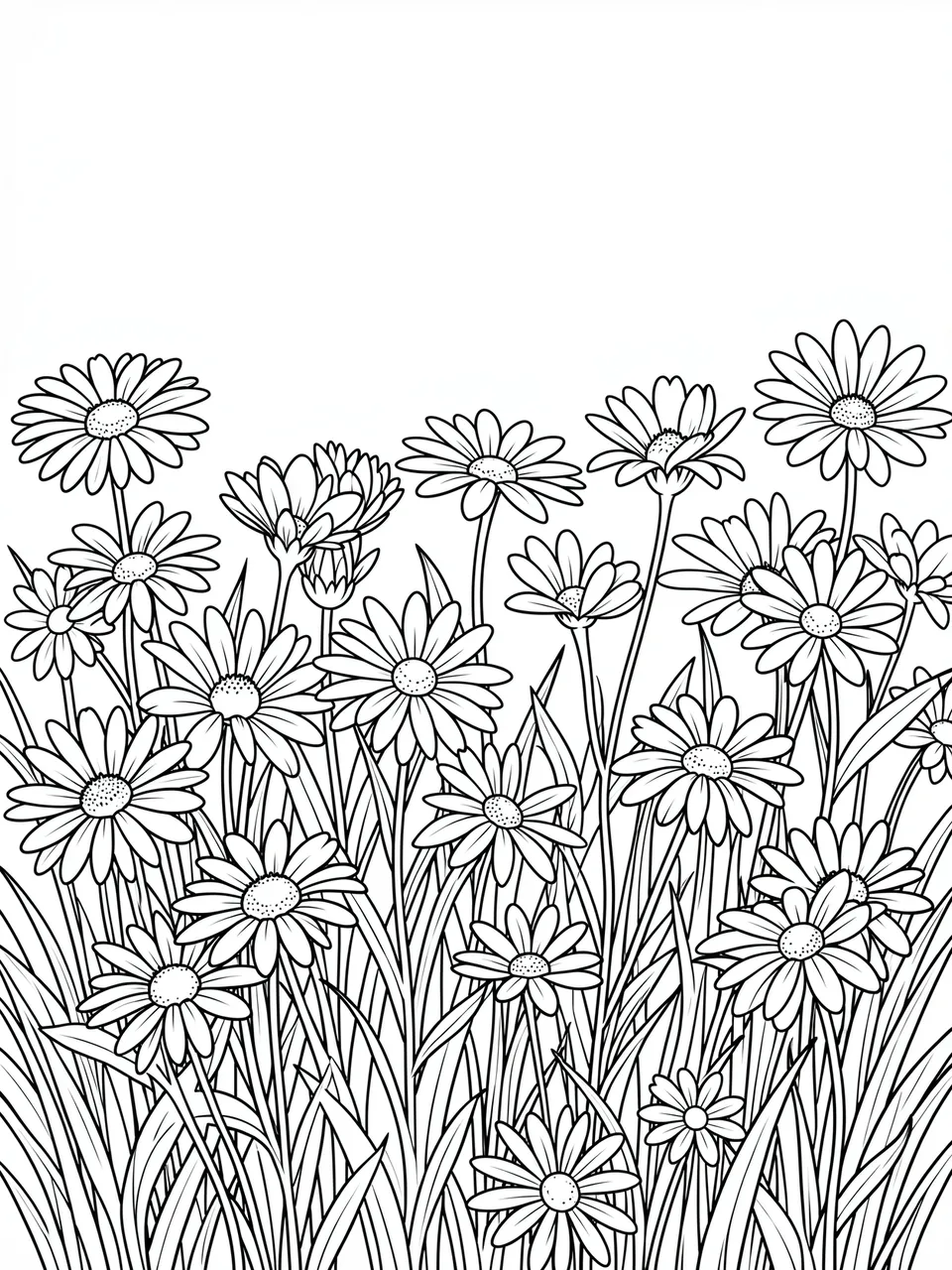 Black and white line drawing of a meadow of daisy flowers and grass on a plain white background