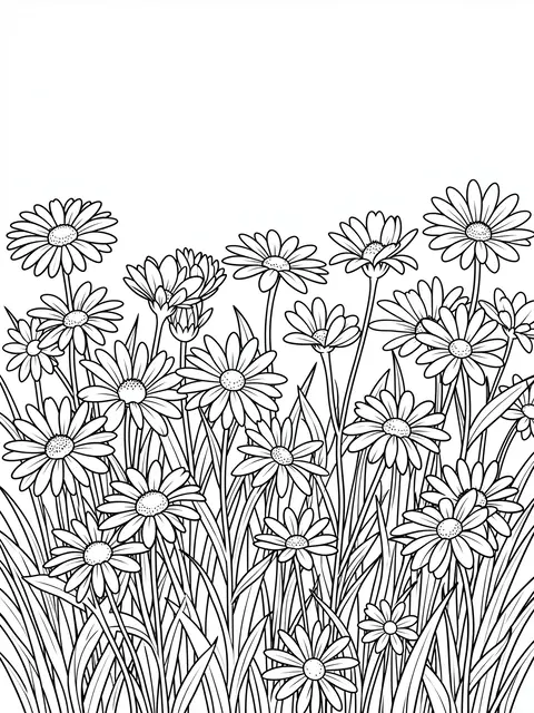 Black and white line drawing of a meadow of daisy flowers and grass on a plain white background