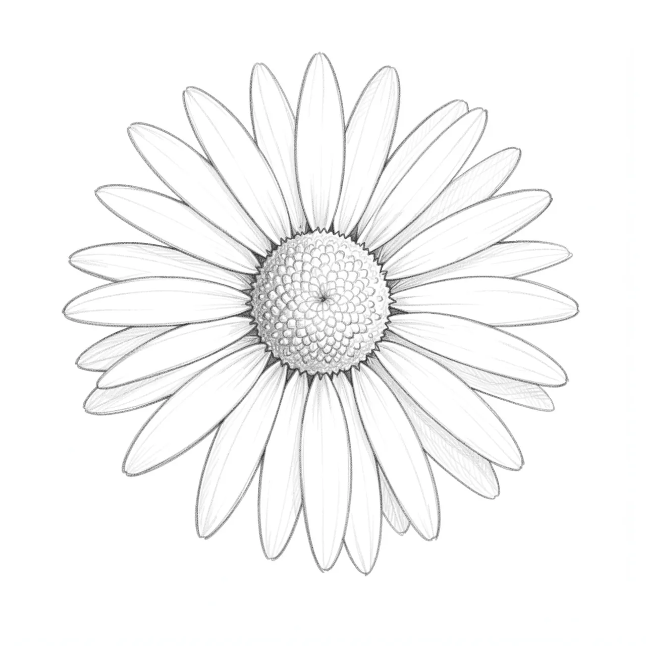 Fine graphite pencil sketch of a daisy flower centered on a plain white background