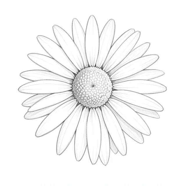 Fine graphite pencil sketch of a daisy flower centered on a plain white background