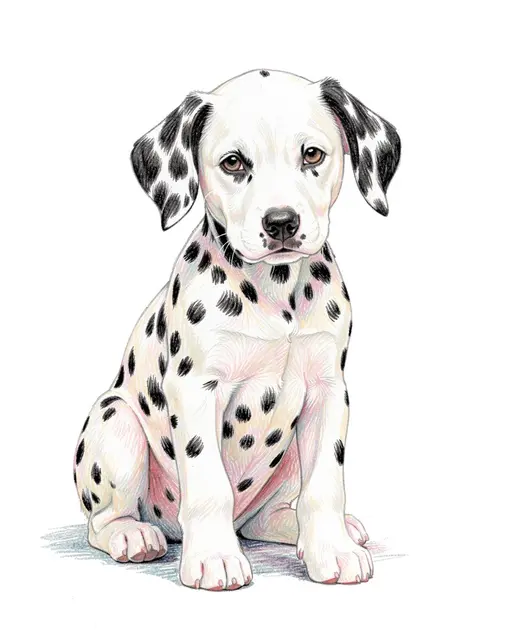 Colored pencil illustration of a sitting dalmatian puppy with soft blended shading on a white background