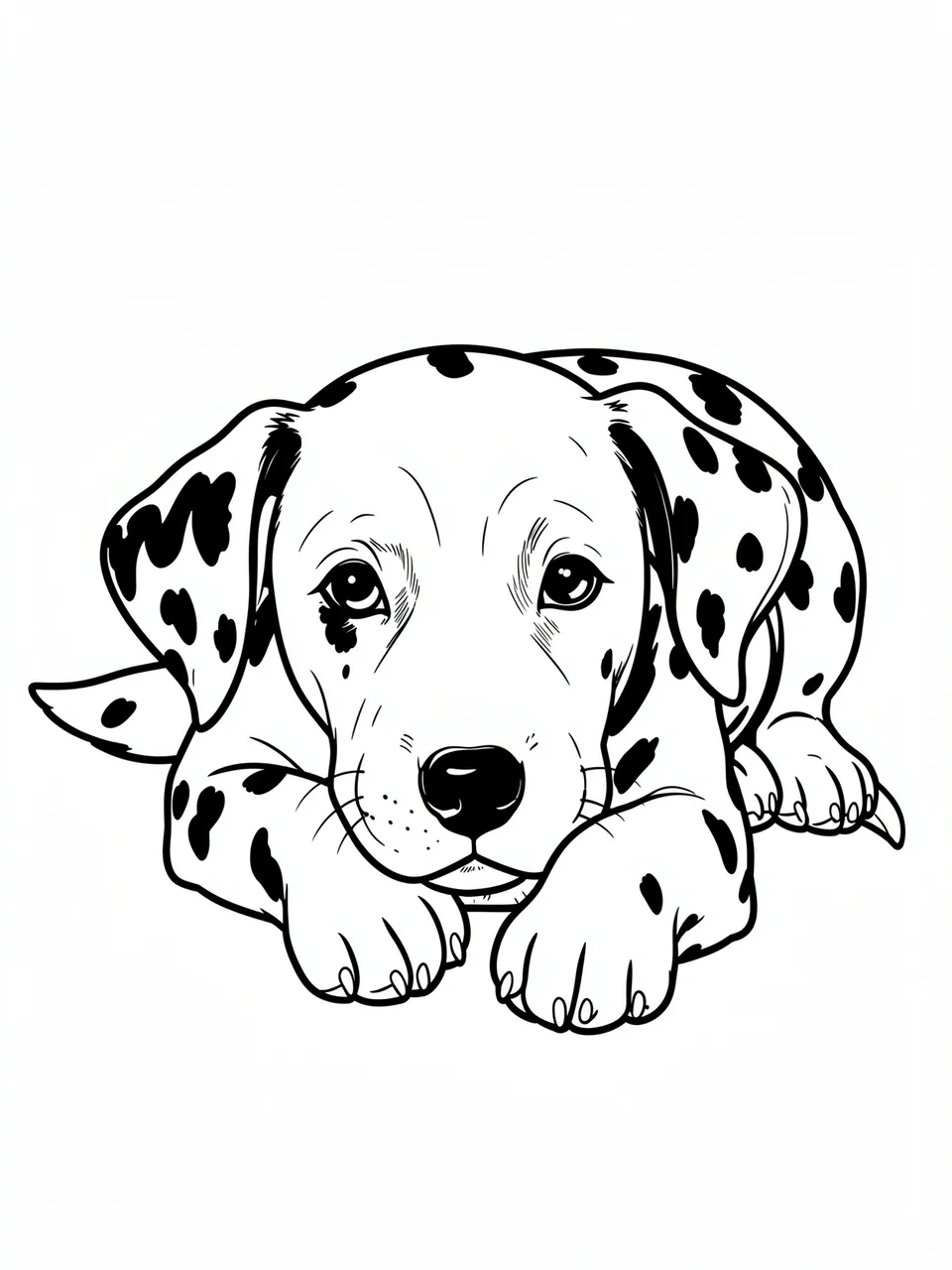 Black and white line art of a resting dalmatian puppy with its chin near its front paws on a plain white background