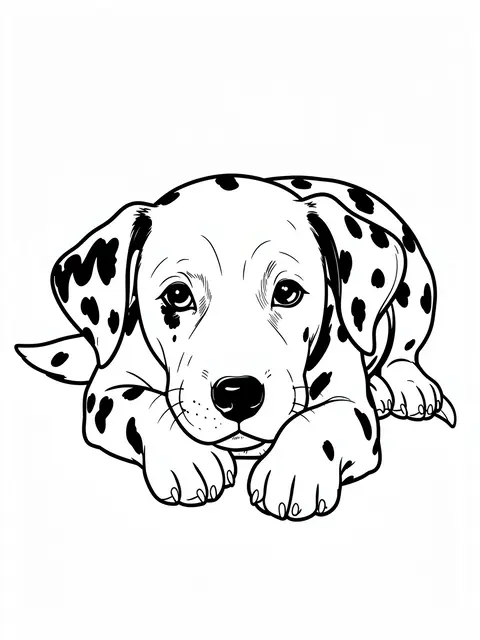 Black and white line art of a resting dalmatian puppy with its chin near its front paws on a plain white background