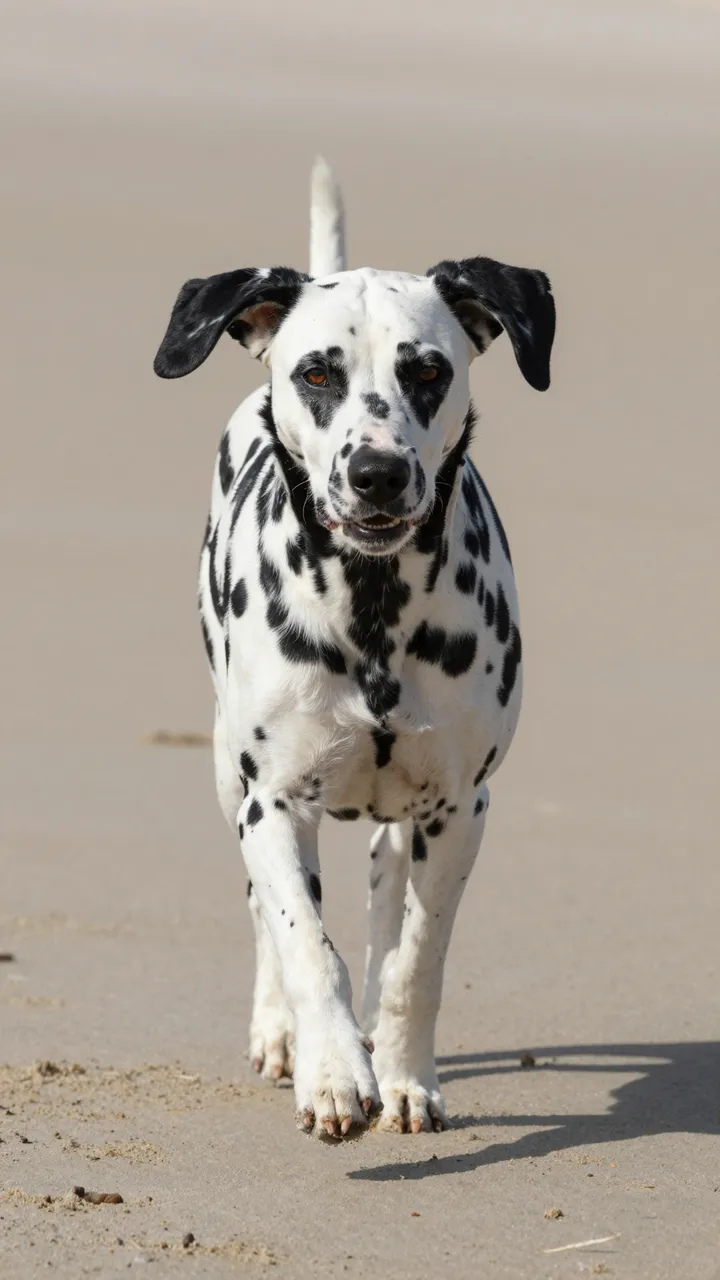 A spotted Dalmatian runs directly toward the camera across smooth sunlit beach sand