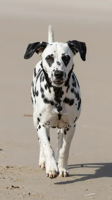 A spotted Dalmatian runs directly toward the camera across smooth sunlit beach sand