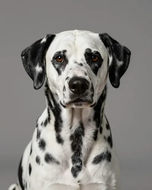 A spotted dalmatian sits facing the camera in soft studio light against a plain gray background