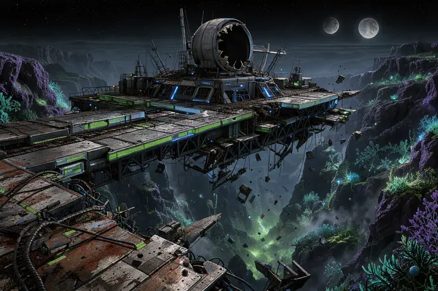 A weathered broken sci-fi platform spans a glowing alien canyon under a twin-moon starry night sky