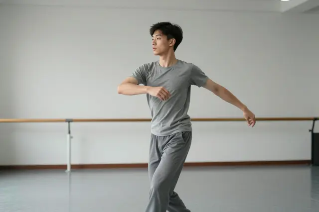 East Asian man in gray clothing mid-turn while dancing in a bright empty dance studio with a ballet barre