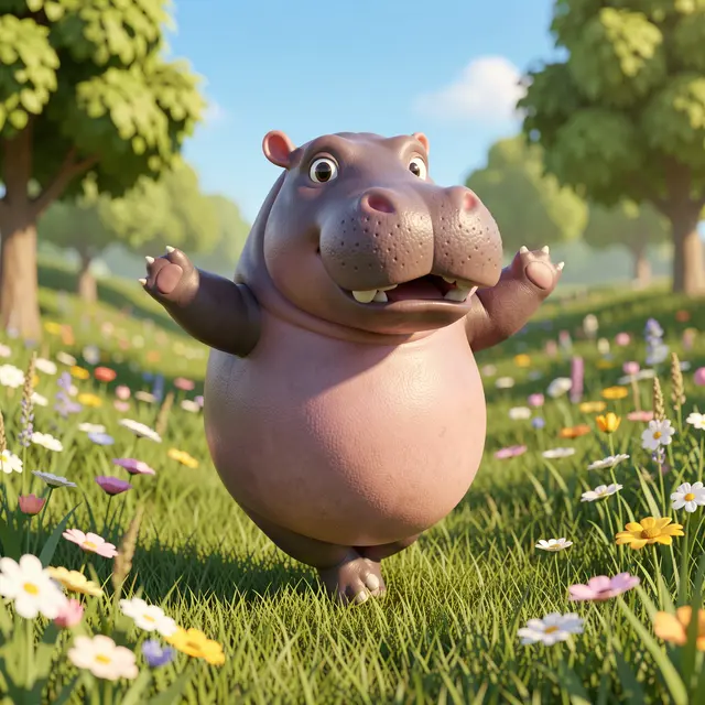 A cute round 3D hippo dances on tiptoes in a sunny wildflower meadow with green trees and a bright blue sky.