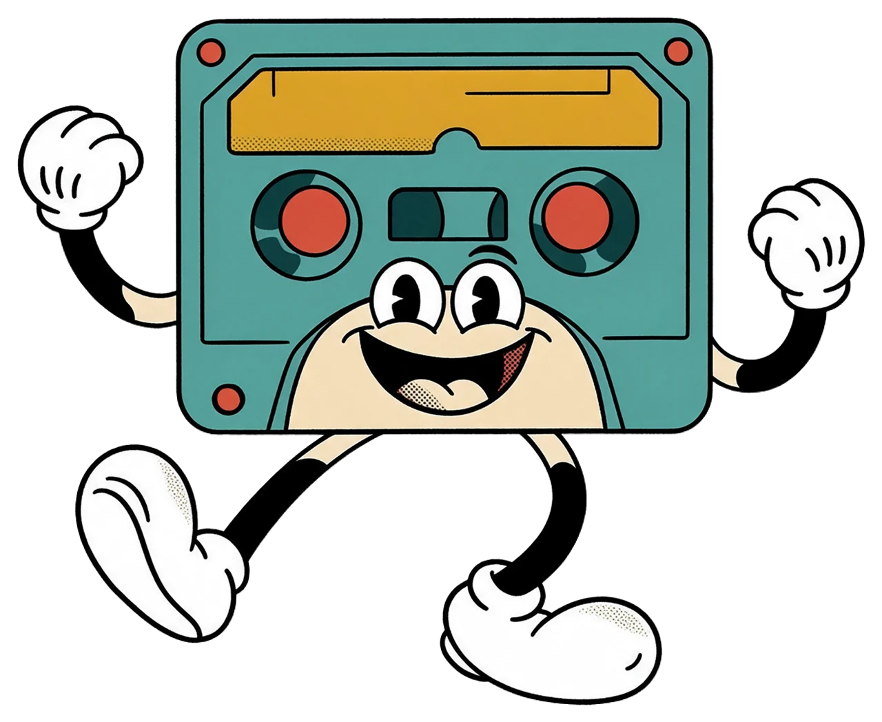 Retro rubber hose cartoon cassette tape mascot dancing with raised gloved fists and a wide smile