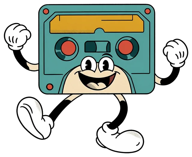 Retro rubber hose cartoon cassette tape mascot dancing with raised gloved fists and a wide smile