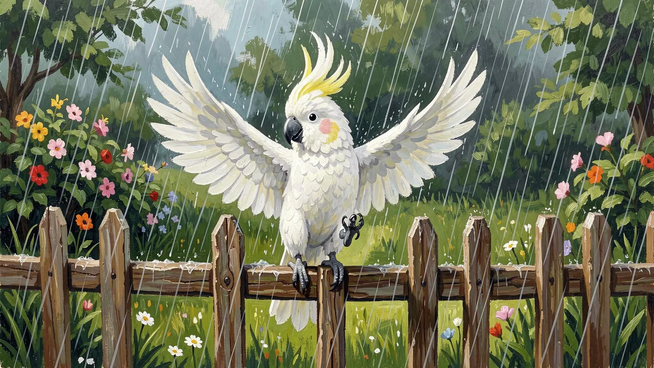 A white sulphur-crested cockatoo with spread wings perches on a wooden garden fence during a rain shower