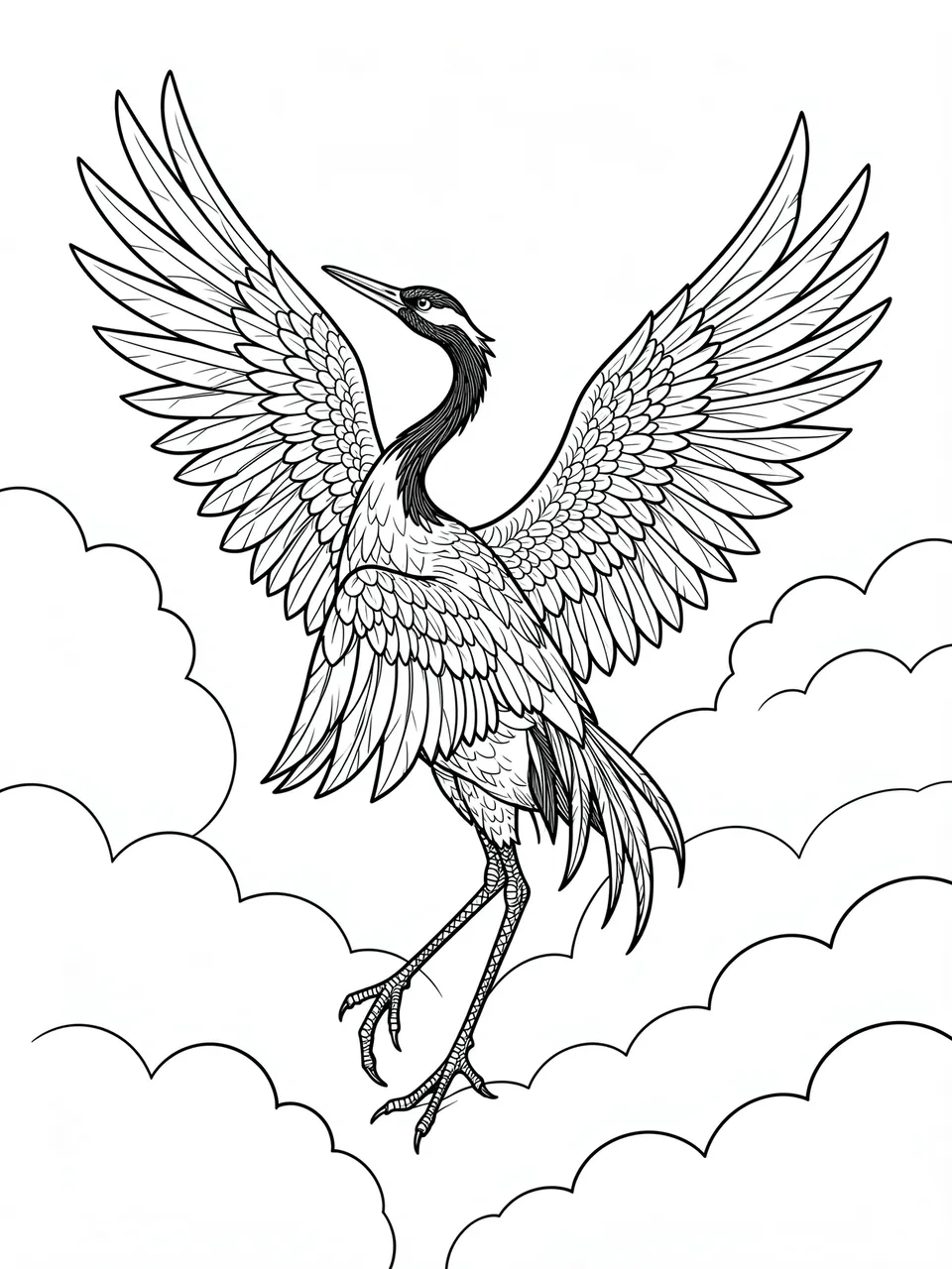 Intricate black and white line art of a dancing crane with outstretched wings among stylized clouds on a white background
