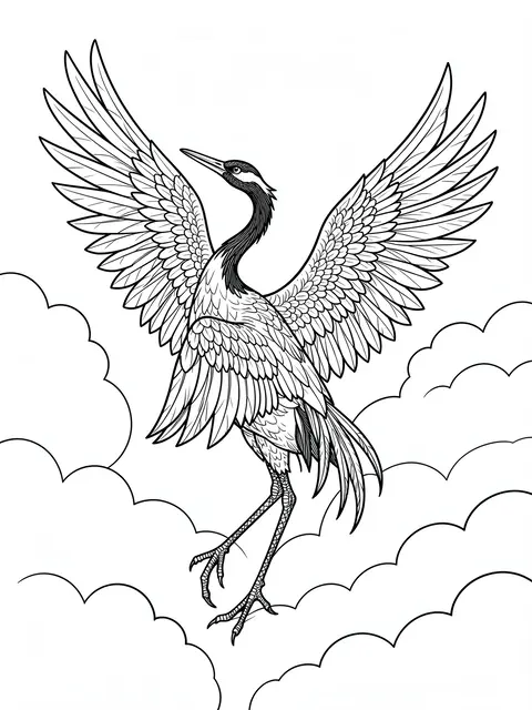 Intricate black and white line art of a dancing crane with outstretched wings among stylized clouds on a white background