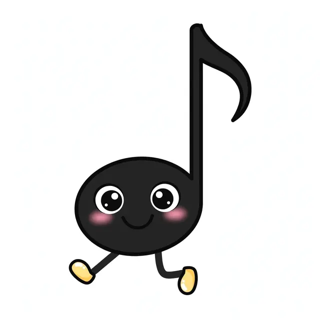 Cute cartoon eighth music note character with a smiling face and dancing feet on an off-white background