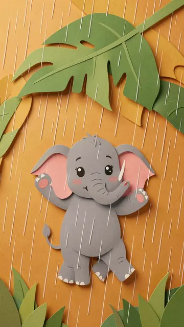 Layered paper cut illustration of a cute elephant calf dancing under a large leaf during warm monsoon rain