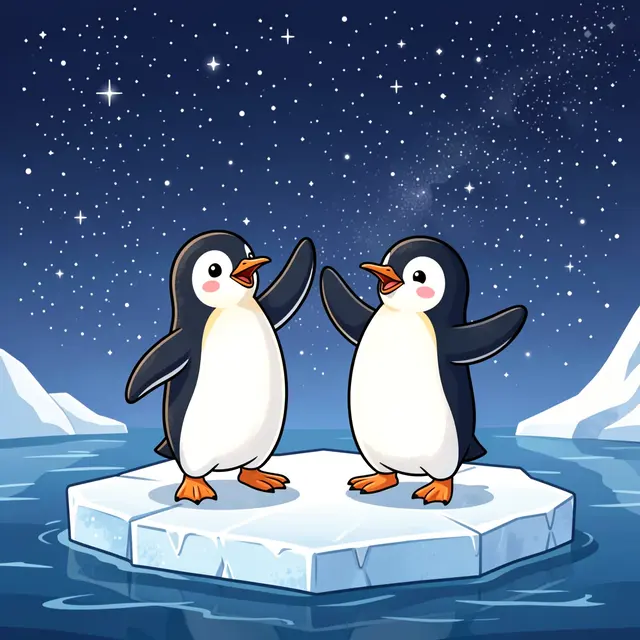 Two cute cartoon penguins dance together on a small ice floe under a sparkling starry arctic sky