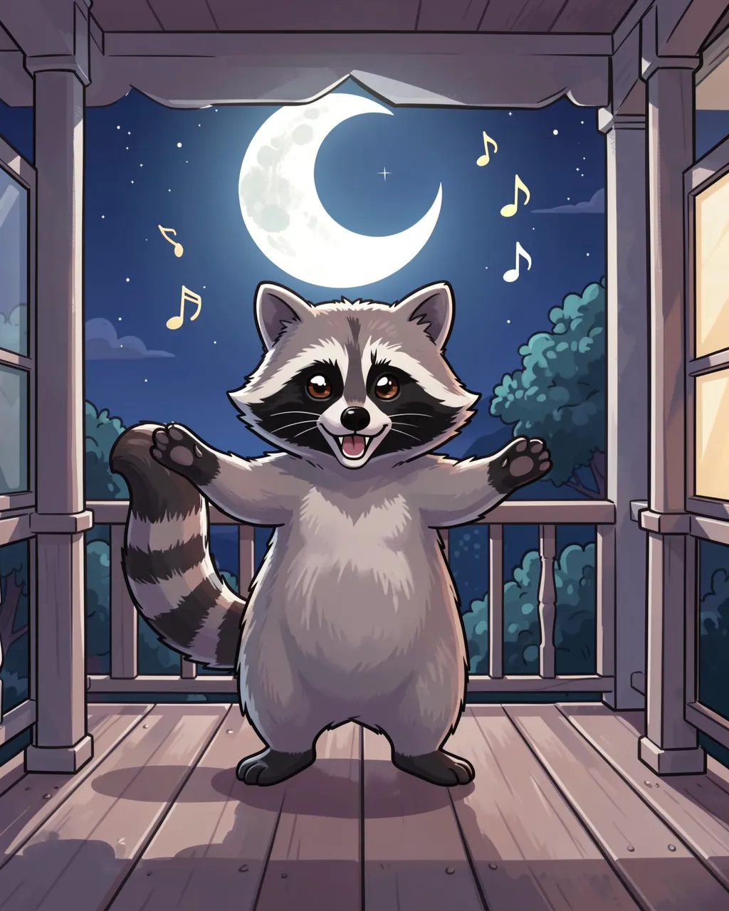 A happy cartoon raccoon dances on a wooden porch under a crescent moon with floating musical notes