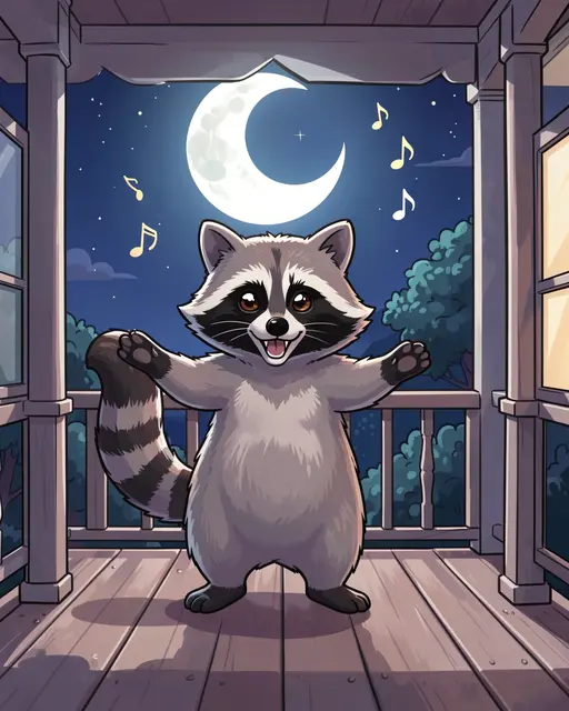 A happy cartoon raccoon dances on a wooden porch under a crescent moon with floating musical notes