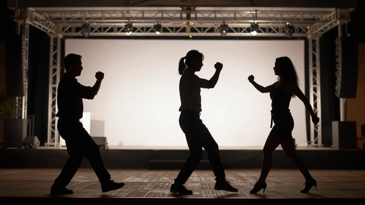 Three adult person silhouettes pose in a synchronized dance in front of a lit outdoor stage at night