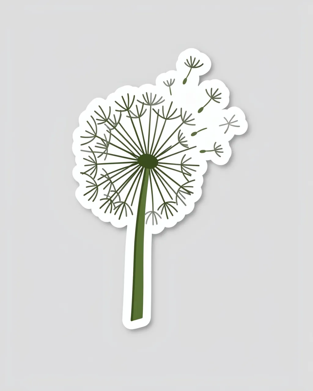Flat illustration die cut sticker of a dandelion puff releasing seeds on a light gray background