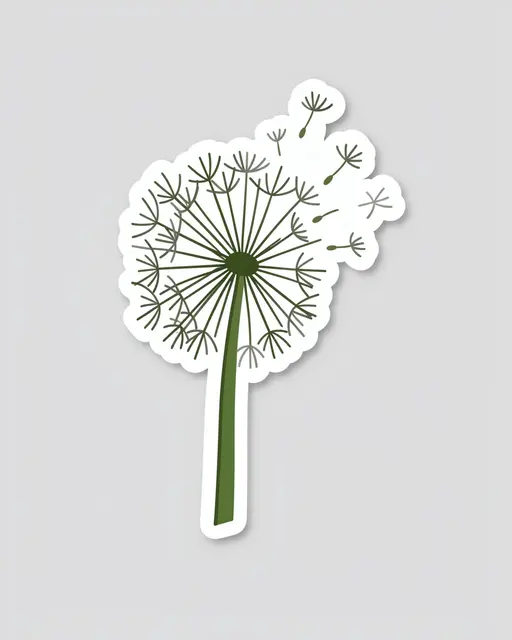 Flat illustration die cut sticker of a dandelion puff releasing seeds on a light gray background