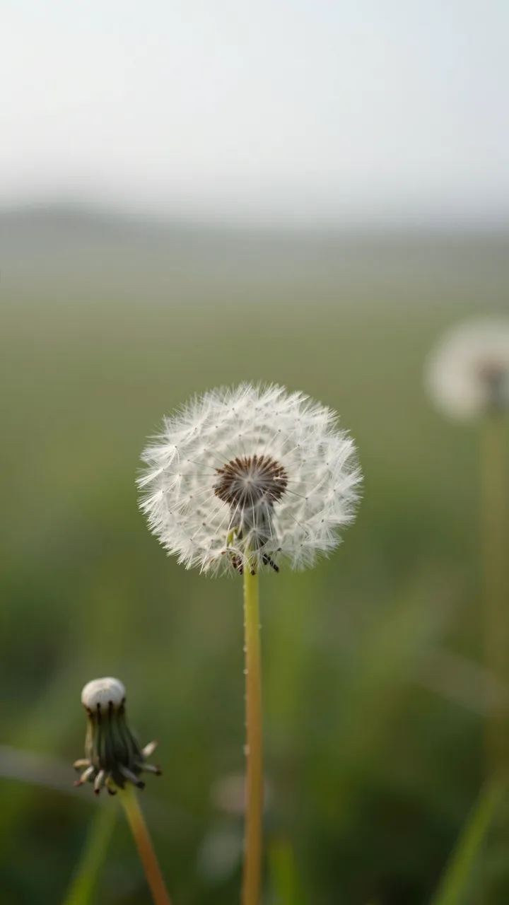 A ripe dandelion seed head sits low in the vertical frame with soft hazy empty space above it