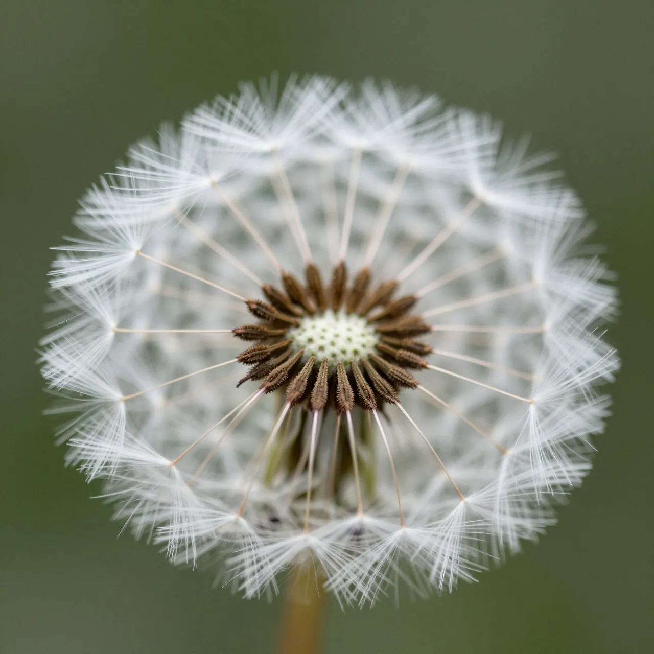 Close up macro view of a whole fluffy dandelion seed head against a soft blurred green background