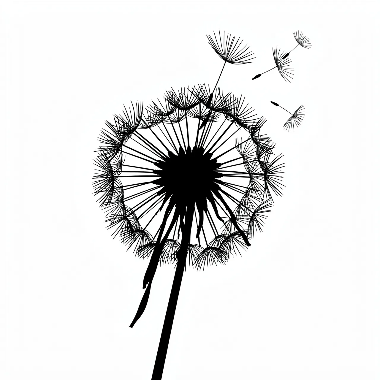 Solid black silhouette of a dandelion seed head with seeds drifting away on plain white background