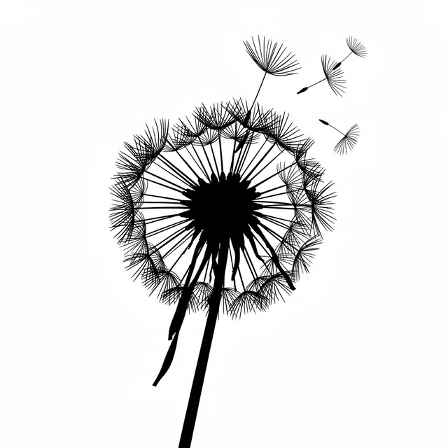 Solid black silhouette of a dandelion seed head with seeds drifting away on plain white background